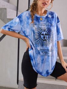 SHEIN LUNE Tie Dye Drop Shoulder Oversized Tee - Blue - View 1