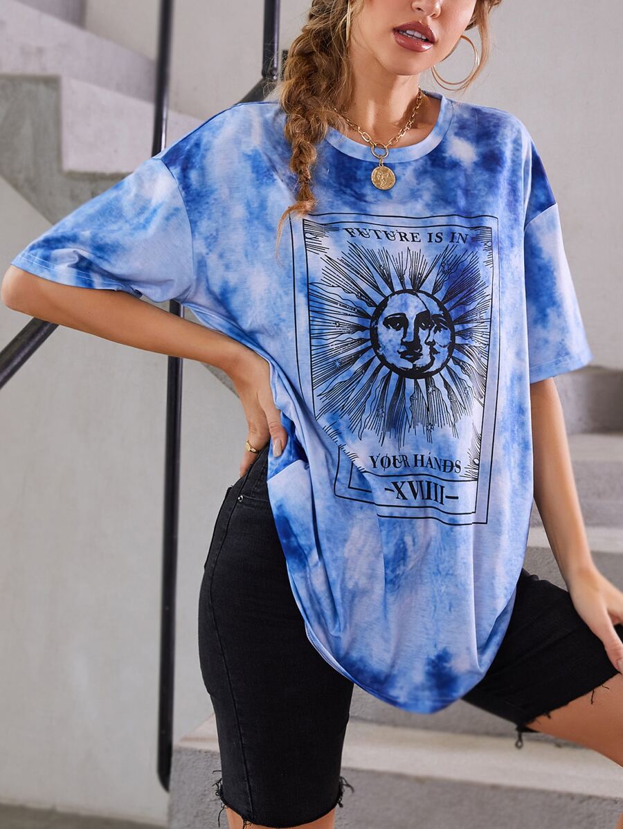 SHEIN LUNE Tie Dye Drop Shoulder Oversized Tee - Blue - View 1