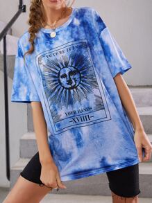 SHEIN LUNE Tie Dye Drop Shoulder Oversized Tee - Blue - View 3
