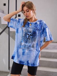 SHEIN LUNE Tie Dye Drop Shoulder Oversized Tee - Blue - View 4