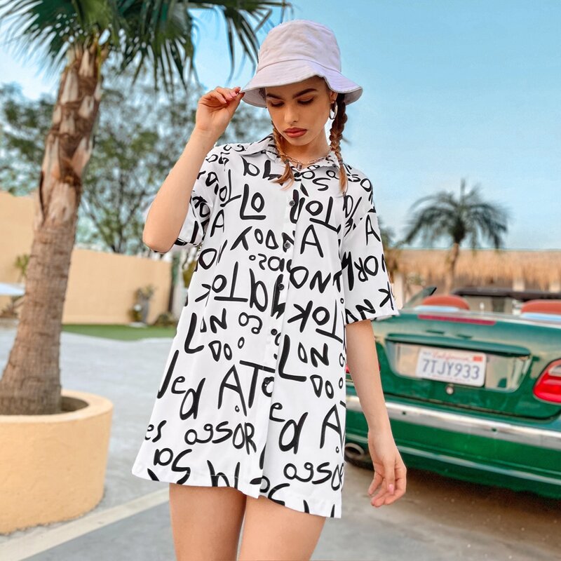 

Letter Graphic Button Up Long Blouse, Black and white