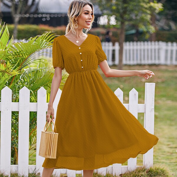 

Puff Sleeve Button Front Swiss Dot Dress, Mustard yellow