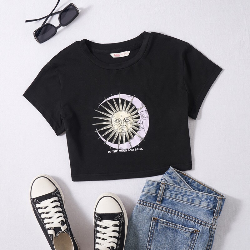 

Letter Sun & Moon Graphic Crop Tee, Black