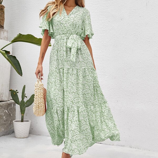 

All Over Floral Print Ruffle Hem Butterfly Sleeve Belted Dress, Green