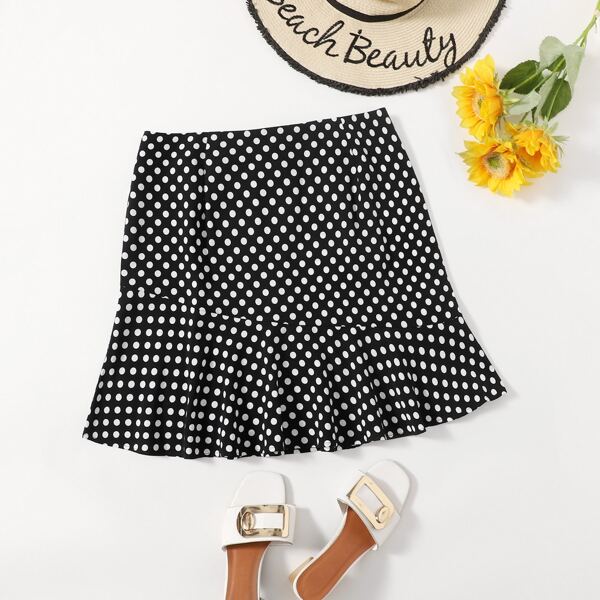 

Plus Ruffle Hem Polka Dot Skirt, Black
