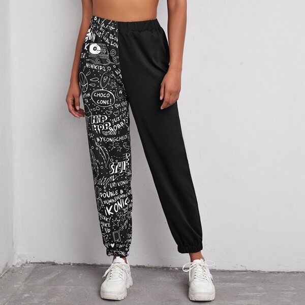 

Letter Graphic Elastic Waist Sweatpants, Black