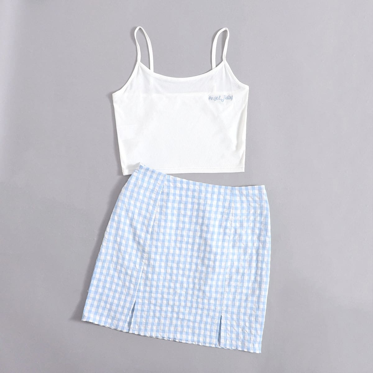

Letter Embroidery Crop Cami & Gingham Split Skirt, Blue and white