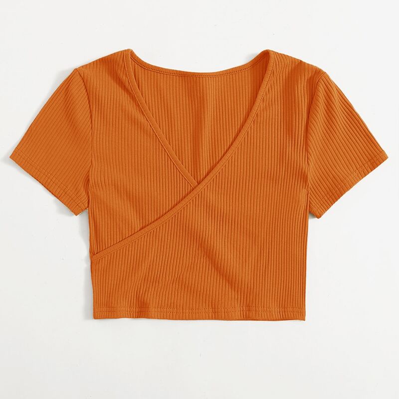 

Solid Wrap Ribbed Crop Tee, Orange