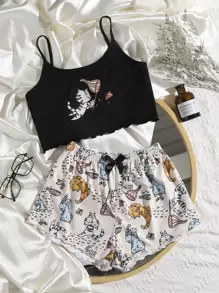 Cartoon Graphic Lettuce Trim Cami Pajama Set - Multicolor - View 1