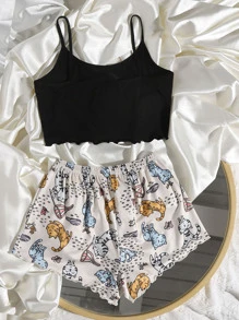 Cartoon Graphic Lettuce Trim Cami Pajama Set - Multicolor - View 2