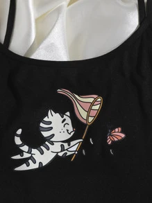 Cartoon Graphic Lettuce Trim Cami Pajama Set - Multicolor - View 3