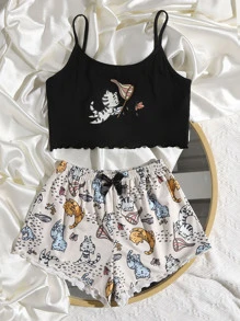 Cartoon Graphic Lettuce Trim Cami Pajama Set - Multicolor - View 4