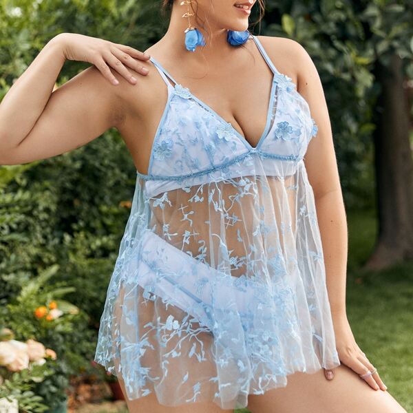 

Plus Embroidered Mesh Appliques Slips & Thong Without Bra, Baby blue