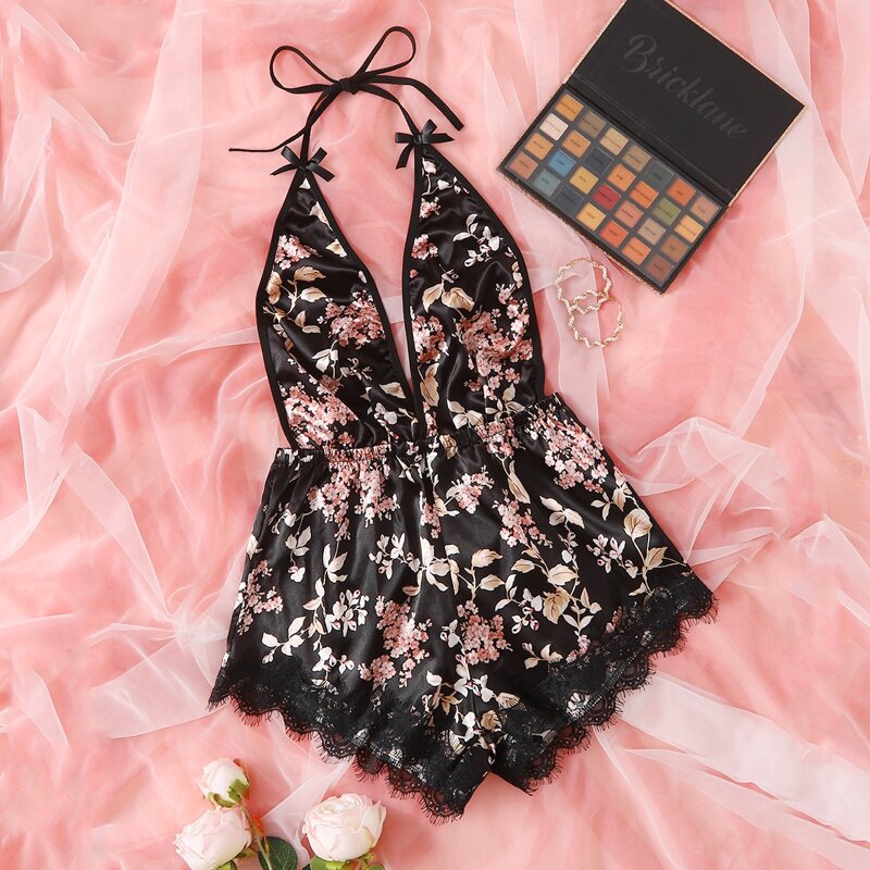 

Floral Print Contrast Lace Romper Bodysuit, Black