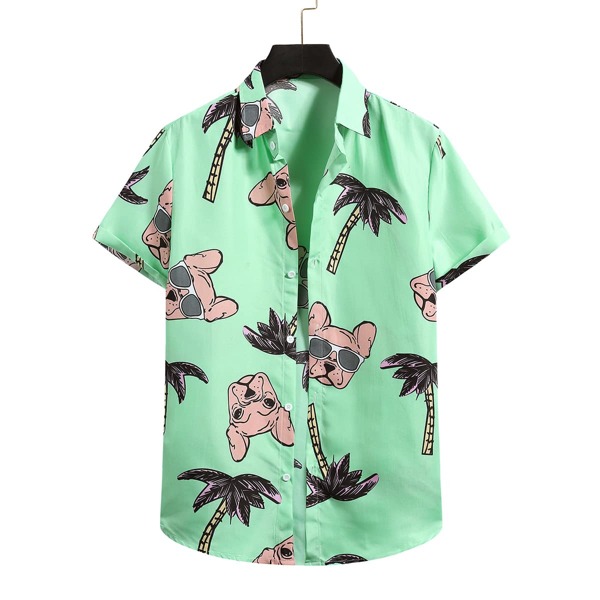 

Men Dog And Tropical Print Button Front Shirt, Mint green