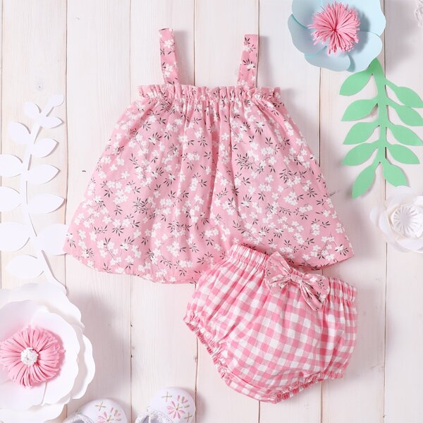 

Baby Girl Floral Print Cami Top & Bow Front Gingham Shorts, Pink