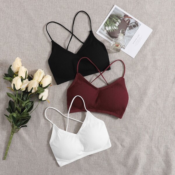 

3pack Solid Rib Bra Set, Multicolor