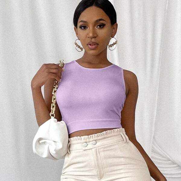 

Wrap Cross Tied Backless Tank Crop Top, Lilac purple