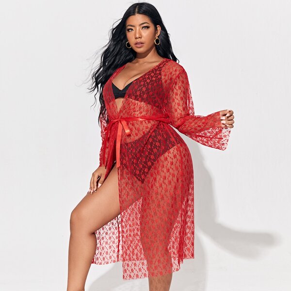 

Plus Floral Lace Belted Dress, Red