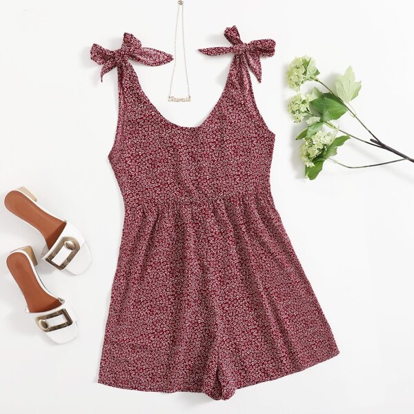 

Tied Shoulder Ditsy Floral Romper, Burgundy