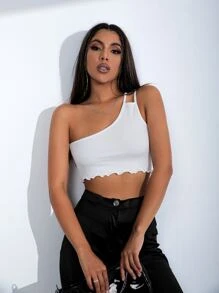 Lettuce Trim One Shoulder Top - White - View 5