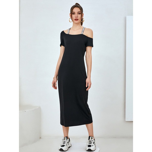 

Letter Tape Shoulder Tee Dress, Black