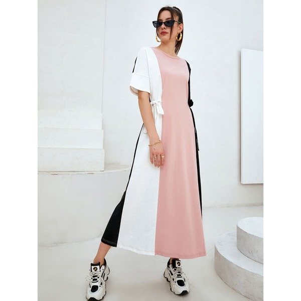 

Color Block Tie Side Waist Tee Dress, Multicolor