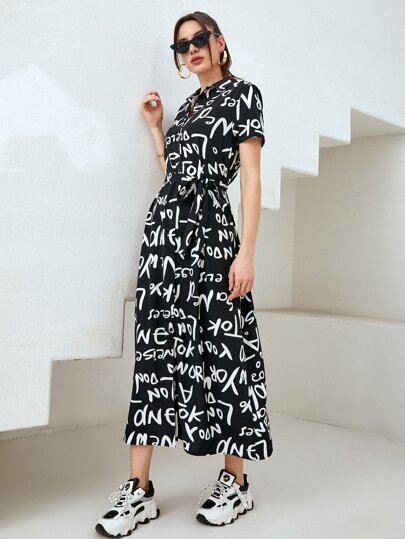 فستان قميص بحزام عبارة شامل