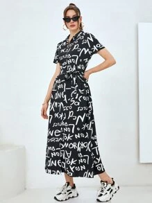 Seusyu Đầm Nút Lá thư Giải trí - màu đen - Xem 3