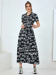 Seusyu Đầm Nút Lá thư Giải trí - màu đen - Xem 4