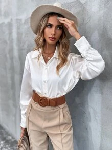 Aveloria Modichic 緞面素色前排扣落肩袖襯衫 - 白色 - 查看 3