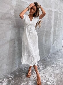SHEIN VCAY Vestido línea A de bajo fruncido schiffy - Blanco - Ver 4