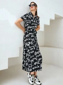 Seusyu Đầm Nút Lá thư Giải trí - màu đen - Xem 5