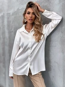 Aveloria Modichic 緞面素色前排扣落肩袖襯衫 - 白色 - 查看 4