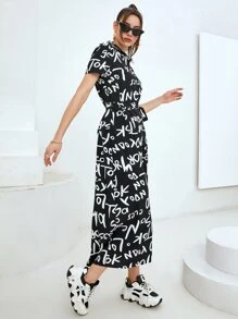 Seusyu Đầm Nút Lá thư Giải trí - màu đen - Xem 6