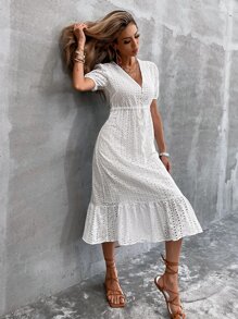 SHEIN VCAY Vestido línea A de bajo fruncido schiffy - Blanco - Ver 5