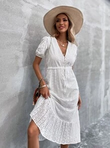 SHEIN VCAY Vestido línea A de bajo fruncido schiffy - Blanco - Ver 6