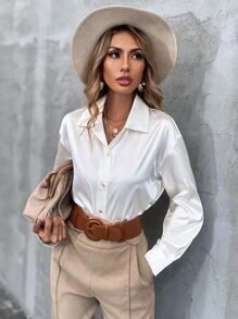 Aveloria Modichic 緞面素色前排扣落肩袖襯衫 - 白色 - 查看 6