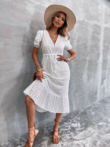 SHEIN VCAY Vestido línea A de bajo fruncido schiffy - Blanco - Ver 7