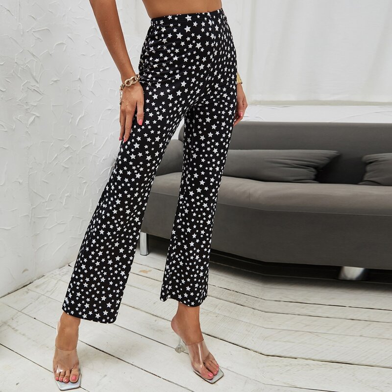 

Star Print Flare Leg Pants, Black