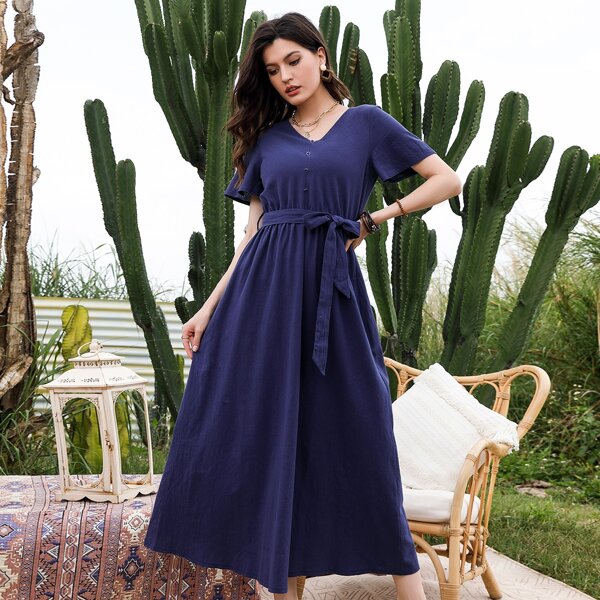

V Neck Belted Solid Dress, Navy blue