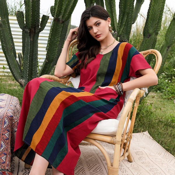 

Striped Dual Pocket Tunic Dress, Red