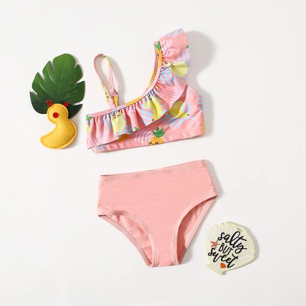 

Baby Girl Cartoon Fruit Ruffle Bikini Swimsuit, Pink