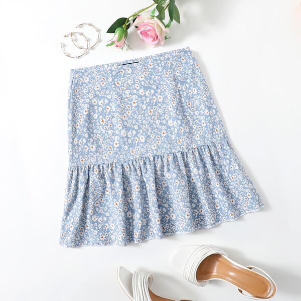 

Ruffle Hem Ditsy Floral Print Skirt, Baby blue