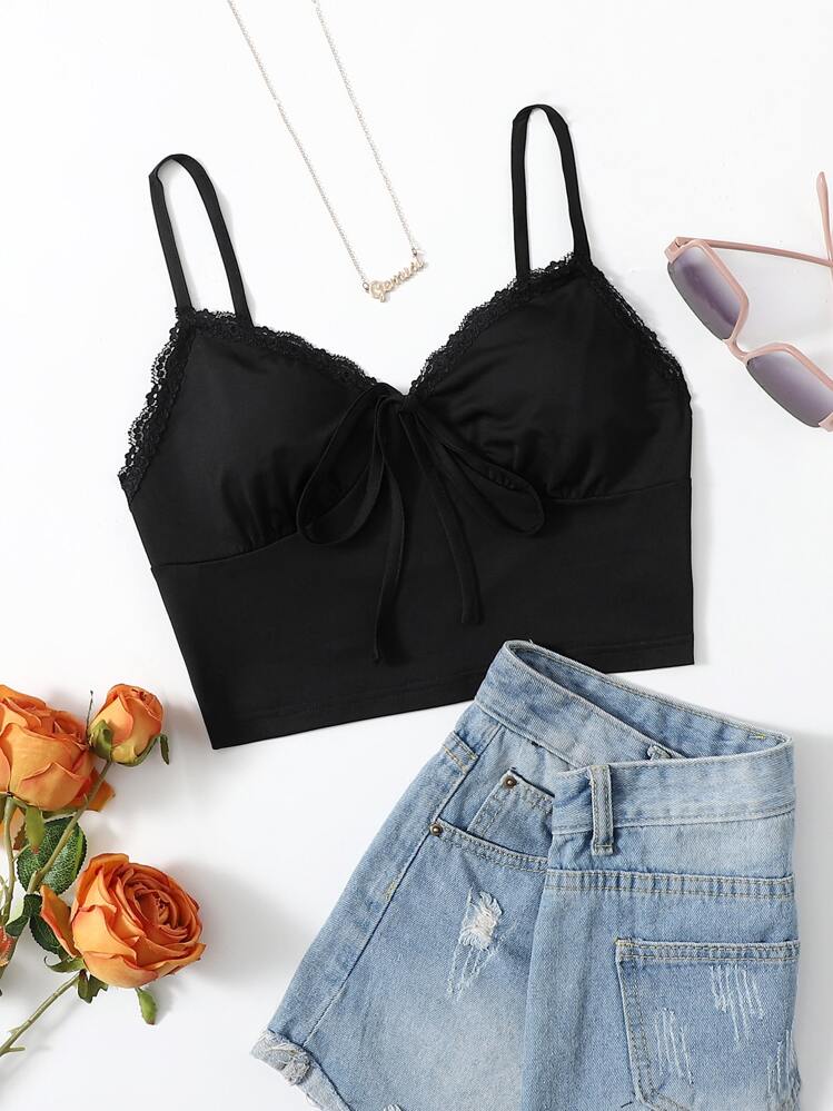 SHEIN Unity Lace Trim Tie Front Cami Crop Top - Black - View 1