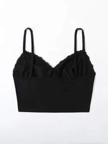 SHEIN Unity Lace Trim Tie Front Cami Crop Top - Black - View 2