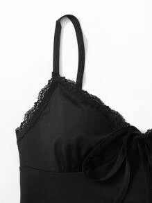 SHEIN Unity Lace Trim Tie Front Cami Crop Top - Black - View 3