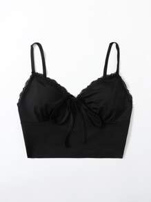 SHEIN Unity Lace Trim Tie Front Cami Crop Top - Black - View 5