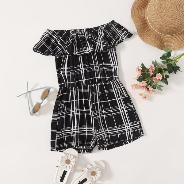 

Toddler Girls Plaid Ruffle Trim Bardot Romper, Black