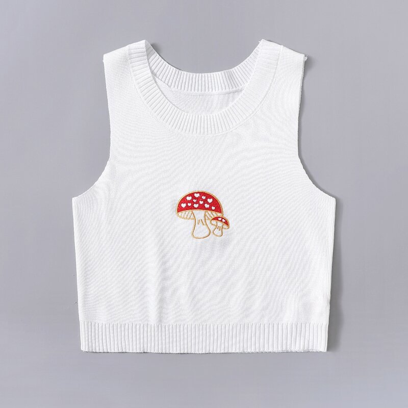 

Mushroom Embroidery Knit Top, White